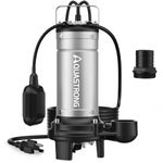 Aquastrong 1HP Sewage Grinder Pump, Stainless Steel, 115V Automatic Float Switch, Cast Iron Impeller, Submersible Effluent/Sewage Pump for Sump Basin, Basement 2'' NPT Discharge, Gray