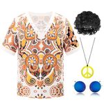 Men's 70s Hippies Costume Funky Disco Outfit Clothing Short Sleeve 4-Piece Set with Wig Glasses Necklace XXL