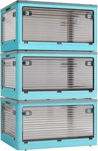 Cearsoer 3-Pack 50L Stackable Storage Bins with Lids and Wheels, Foldable Storage Boxes Collapsible Organizers for Home Organization, Storage Cabinets for Outdoor Camping, Blue