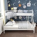 Metal Bunk Bed Twin Over Full Bed Frame with Safety Rail and Ladder No Box Spring Need, White