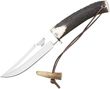 Joker Camping and Hunting Knife CC72 Luchadera, Deer Horn Handle, MOVA Steel 14 cm Blade, Brown Leather Sheath, Tool for Fishing, Hunting, Camping and Hiking