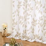 White and Taupe Sheer Curtains Living Room 90 Inch Drop Farmhouse Botanical Leaf Printed Eyelet Voile Curtains Bedroom Floral Linen Texture Light Filtering Window Curtain Panels for Patio Hotel 2pcs