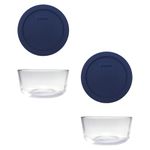 Pyrex Storage 4-Cup Round Dish with Dark Blue Plastic Cover, Clear (Pack of 2 Containers)