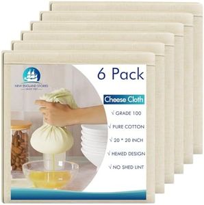 6 PCS Reusable Cheesecloth, Grade 100, 20x20 Inch Hemmed Cheese Cloth for Straining Craft, 100% Cotton Unbleached Cloth Strainer for Cooking, Baking, Juicing, Cheese Making (40×50 Threads)