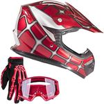 Typhoon Youth Kids Offroad Gear Combo Helmet Gloves Goggles DOT Motocross ATV Dirt Bike MX Red Web Graphics, Large