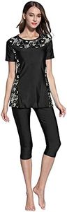 Ababalaya Womens' Color Block Moderate Cover 2 Piece Swimsuit Burkini, Black Lace, 3X-Large