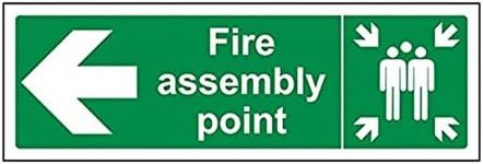 V Safety 17021AX-R Fire Assembly Point Arrow Left Sign - Landscape - 300mm x 100mm - 1mm Rigid Plastic, Green
