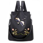 Hnayet Women's Backpack Handbag Anti-Theft Waterproof Nylon Ladies Shoulder Bags Casual Rucksack Daypack Dragonfly Embroidery Travel Bag (Black)