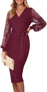 MEROKEETY Sweater Dress for Women 2024 Bishop Sleeve V Neck Semi Formal Business Work Pencil Dresses, Burgundy, X-Large