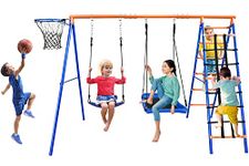 5 in 1 Multifunction Swing Set for Backyard with Heavy Duty A-Frame Swing Stand, Platform Swing, Belt Swing, Climbing Rope & Climbing Ladder, Basketball Hoop, 6 Ground Stakes, for 3-8 Years Old