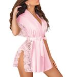 Avidlove Satin Robe Sexy Lace Women's Kimono Silk Bathrobe Belted Robes Lingerie （Pink,M）