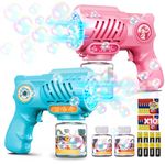 Reenovan Bubble Guns for Kids, 2 Pack Light Up Bubble Maker with 10-Hole, 2 Bubble Solution Bottles, 10 Bubble Refill, 8 Batteries Included, Outdoor Summer Gift Toys for Birthday Easter Party Favor