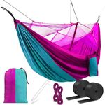 HACER Portable Outdoor Camping Hammock with Mosquito Net & Carabiner Nylon Windproof Hanging Swing for Hiking Backpacking (Sky Blue & Pink)
