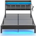 Rolanstar Bed Frame Queen Size with Charging Station and LED Lights, PU Leather Headboard with Storage Shelves, Heavy Duty Metal Slats, No Box Spring Needed, Noise Free, Easy Assembly, Black