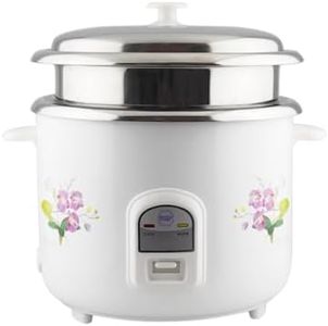 EASY Electric Rice Cooker, 2.8 Liter Capacity With 2 Cooking Stainless Steel Pans And Electric Rice Cooker With Auto Warm Function - 1000W, Stainless Steel Lid, White & Floral Design