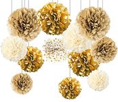 12pcs Gold WhiteTissue Paper Pompoms,Hanging Gold Cream Paper Pom Poms for Engagement,Wedding,Birthday Party Deco