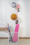 ARHAT ORGANIZERS Sports Ball Stand|Portable Multiple Stand For Football Basketball Volleyball, Tennis Rackets, Cricket Bat|Freestanding Garge Sports & Equipment Organizer-(4-Tier W/Basket) (White)