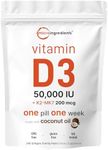 MICROINGREDIENTS Vitamin D3 50,000 IU Plus K2 (MK-7) 200 mcg, 240 Virgin Coconut Oil Softgels | 2 in 1 Vitamins D & K Complex Supports Calcium Absorption, Bone, Immune, Heart Health Easy to Swallow