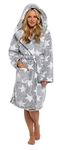 Slumber Hut® Womens Borg Snuggle Fleece Dressing Gown Hooded Luxury Robe - Matching Ladies Childrens Sizes - Grey Star - Adult UK 12-14