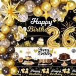 Miidenks 26th Birthday Decorations for Men, 26 Birthday Decorations Include Black and Gold Backdrop Banner, Tablecloth, Gold 26 Number Balloons, Explosion Star Balloons