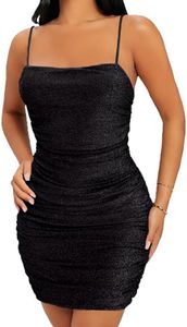 RED DOT BOUTIQUE 862 - Solid Satin Sleeveless Cami Spaghetti Strap Side Slit Cocktail Party Ruched Mini Dress, Glitter Black, Medium