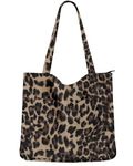 Prite Corduroy Tote Bag for Women Large Shoulder Bag with Zipper and Pockets for College Work Travel Shopping(Leopard Print)