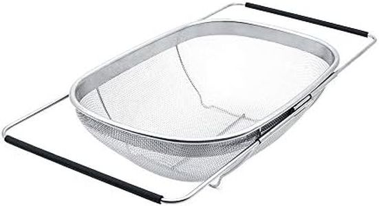 Over the Sink Colander Strainer Basket with Rubber Grip, 6 Quart Stainless Steel Vegtable Fruit Colanders Strainers with Steady Base, Expandable Metal Strainer for Kitchen Sink