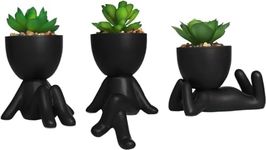 Zerzsy 3 PCS Cute Artificial Succulent Plants with Creative Human Shaped Pots, Mini Potted Plant Succulents Desk Decor for Home Office Decor (Matte Black)