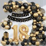 18th Birthday Decorations for Boy Girl, Thinbal Black Gold Balloons Birthday Party Decorations, Happy Birthday Banner, 32In Foil 18th Birthday Balloons for Men Women 18th Birthday Deco Supplies