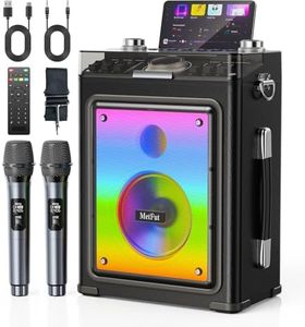 Metfut Karaoke Machine for Adults with 2 Wireless Microphones & Guitar Input, Professional Bluetooth 5.3 Speaker, Portable Wooden Karaoke PA System with Bass/Treble Adjustable for Backyard, Home Party