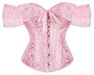 Moessa Women Floral Lace Off Shoulder Corset Bustier Boned Overbust Corset Bodyshaper Lingerie Top, Pink, 4X-Large