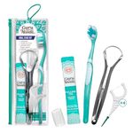 GuruNanda Travel-Friendly Oral Care Kit- 1 Butter on Gums Toothbrush, 1 Tongue Scraper, 4 Dual-Action Floss Picks, 1 Coconut & Mint Oil Pulling Sachet