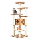 COSTWAY Wood Cat Tree, Tall Modern Cats Climbing Tower with Sisal Covered Scratching Posts, Washable Plush Cushions, Indoor Kitten Activity Furniture Play House