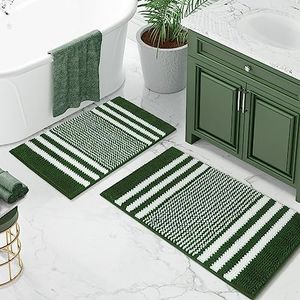 Starryle Bathroom Rugs Set 2 Piece, Extra Soft and Absorbent Fluffy Striped Chenille Bath Mat Rug Set, Non Slip Bathroom Floor Mat, Machine Washable (20" x 32" Plus 16" x 24", Green)
