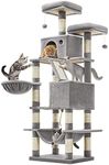 Feandrea Cat Tree, 168 cm Large Cat Tower Condo with 13 Scratching Posts, 2 Perches, 2 Caves, Basket, Hammock, Pompoms, Multi-Level Design, Light Gray UPCT165W01V1