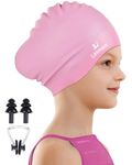 Kids Long Hair Swimming Cap for Girls Boys, 2 Size Silicone Swimming Hat for Age 3-15 Toddler Children Teens, Waterproof Swim Cap Bathing with Ear Plugs & Nose Clip to Keep Hair Dry(Age 8-15/Pink)