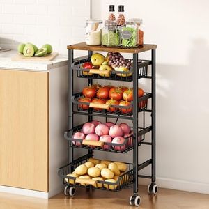 SAYZH Fruit Basket for Kitchen, 5 Tier Large Pull-Out Wire Basket with Wood Top and Wheels, Kitchen Storage Cart for Fruit Vegetable Onions Potatoes Banana, Black HX-YYCL-MB5T-B01