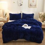 XeGe Plush Shaggy Duvet Cover Set, Luxury Ultra Soft Crystal Velvet Fluffy Bedding Sets 3 Pieces(1 Furry Faux Fur Comforter Cover + 2 Fuzzy Faux Fur Pillowcases), Zipper Closure(Queen, Navy Blue)