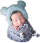 Newborn Photography Props Wrap Blanket, Bear Bonnet Hat Cap & Accessories for Baby Boys Girls Photo Shoot, Blue, Medium