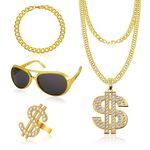 FEJANPON 4 Pcs Hip Hop Constume Kit, Dollar Sign Necklace Rings Bracelet Disco Necklace Sunglasses 60s 70s 80s 90s Hip Hop Accessories Party Supplies