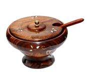 KINGSMAN STORE Wooden Sugar Pot, Salt Spice, Pickle Jar,Masala Box & Multi Containers & Bowl with Spoon, Use for Kitchen & Dining (Brass Design) Size (4 x 4 x Inch)