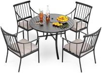 PHI VILLA 5 Piece Outdoor Dining Set for 4, Round Steel Dining Table with Umbrella Hole & Heavy-Duty Metal Chairs with Cushions, Modern Patio Dining Furniture Set for Deck, Backyard, Porch