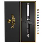 Scriveiner Luxury EDC Fountain Pen (Medium), Stunning Matt Black Pocket Pen, Chrome Finish, Schmidt German Nib, Converter, Best Writing Pen Gift Set for Men & Women, Nice Fancy Office Designer Pen