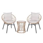 Flash Furniture Devon 3-Piece Indoor/Outdoor Bistro Set - Tan Finish Rattan Rope Papasan Style Chairs and Glass Top Side Table - Light Gray Back and Seat Cushions