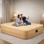 Toy Imagine Ultra Plush Queen Airbed with Built-in Pump | Double Height Luxury Inflatable Mattress for Home & Guest Use | Soft Fiber-Tech Blow Up Bed with Fast Inflation (Beige, Queen Size)