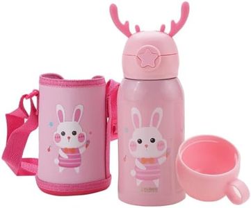 Kuber Industries Water Bottle for Kids, Bunny Design Stainless Steel Flask with Straw, Cup & Fabric Cover, Sipper, Food Grade Plastic Lid, Broad Fabric Strap, Leak Proof, BPA Free, 500 ml, Pack of 1