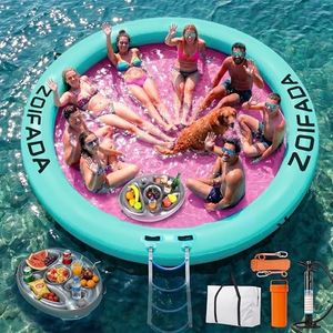 Inflatable Water Hammock Round Floating Ring, 12FT Heavy Duty Pool Float for Adults, Inflatable Tanning Pool Float Island Dock for Lake/River/Ocean, w/Cup Holder & 4-Step Soft Ladder