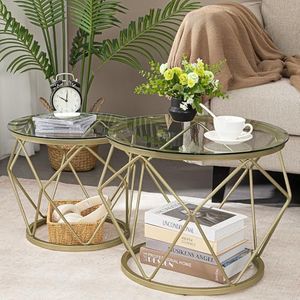 Hzuaneri Mesa de Centro Redonda, Juego de 2 mesas auxiliares, Juego de Mesa Auxiliar con Estructura de Metal, pequeña Mesa Auxiliar para Sala de Estar, Dormitorio, Oficina, Oro 01801GCT