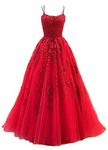 Chupeng Women's Prom Dresses Sexy Long Lace Appliques Spaghetti Straps Tulle A-Line Formal Party Evening Gowns red 8