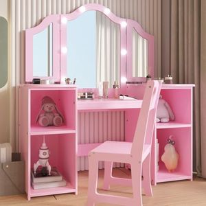 Kids Vanity with Lights, Princess Makeup Vanity Desk with Storage Cabinet & Touch Light Detachable Tri-Folding Mirror, 2 In 1 Toddler Vanity Table & Chair Set Wooden Girls Vanity Dress Table for Girls